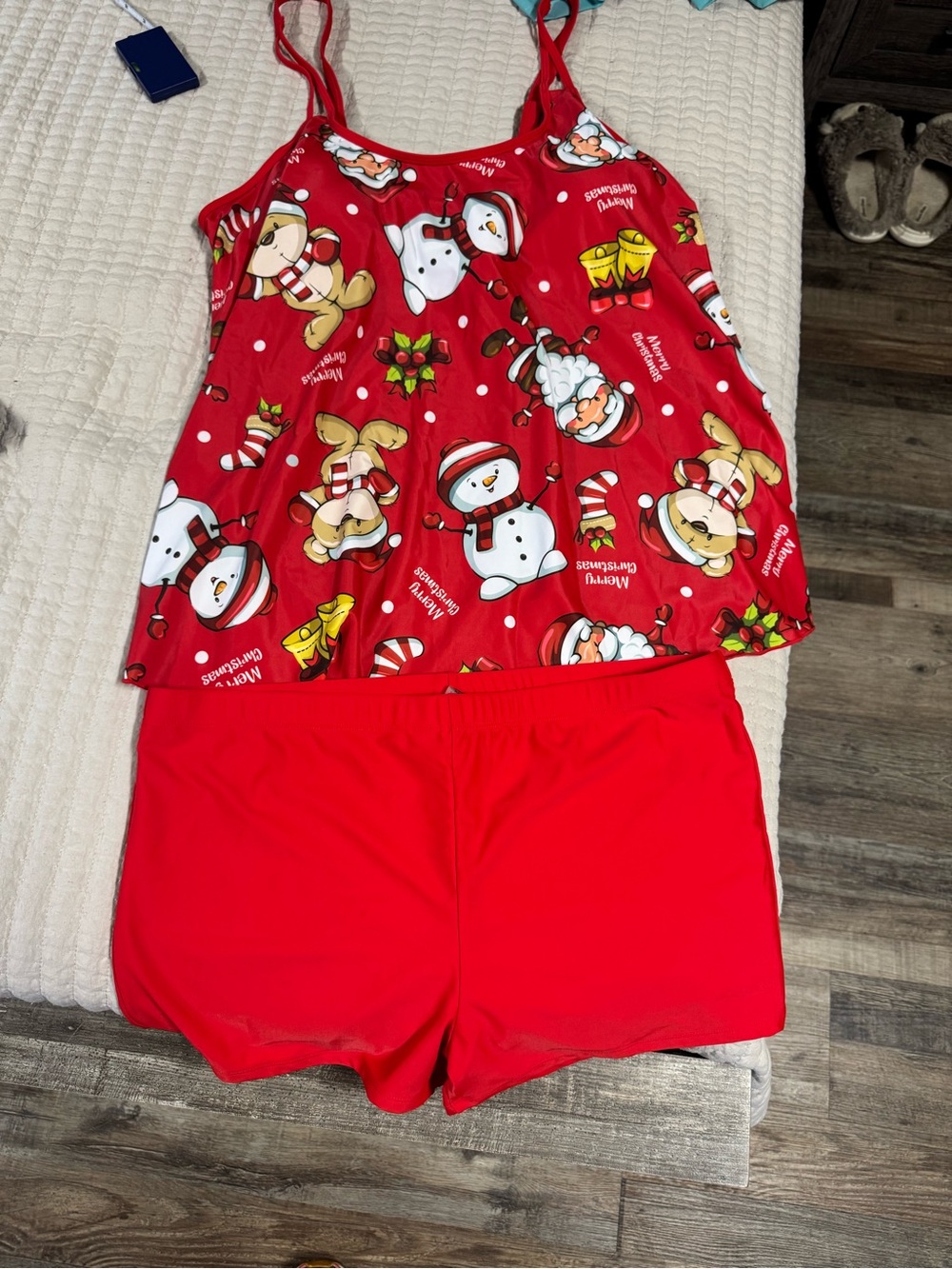 Red Holiday Print Tankini Top & Swim Shorts Set - Women's
